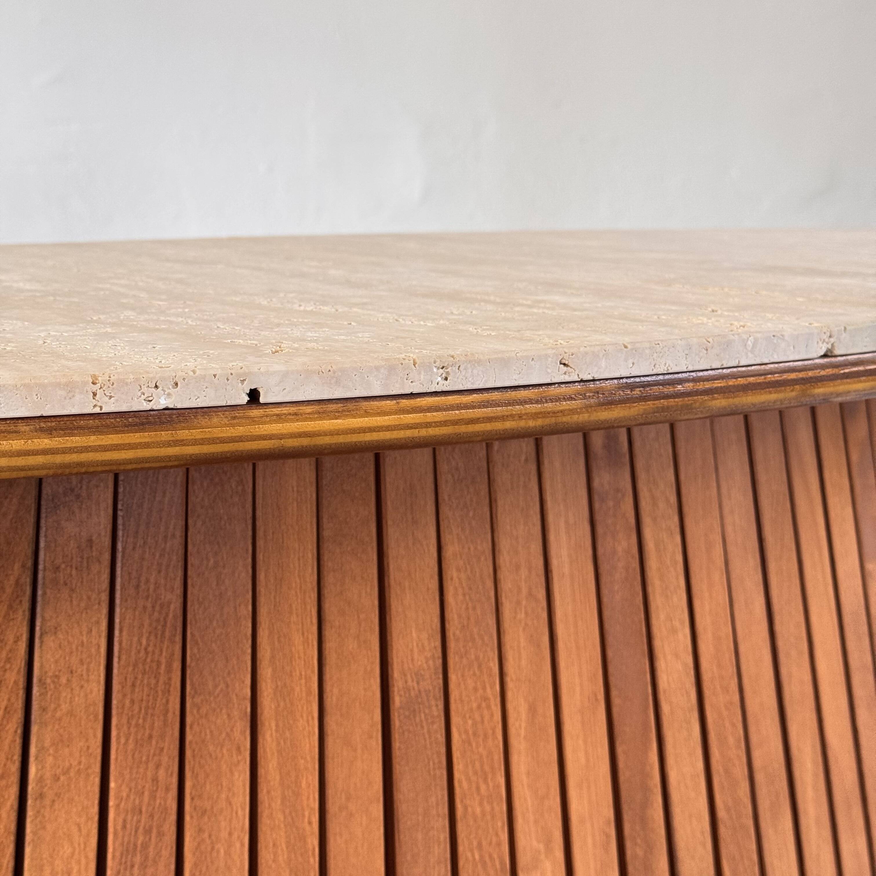 Oval travertine coffee table with ashwood slatted base – italy by forme