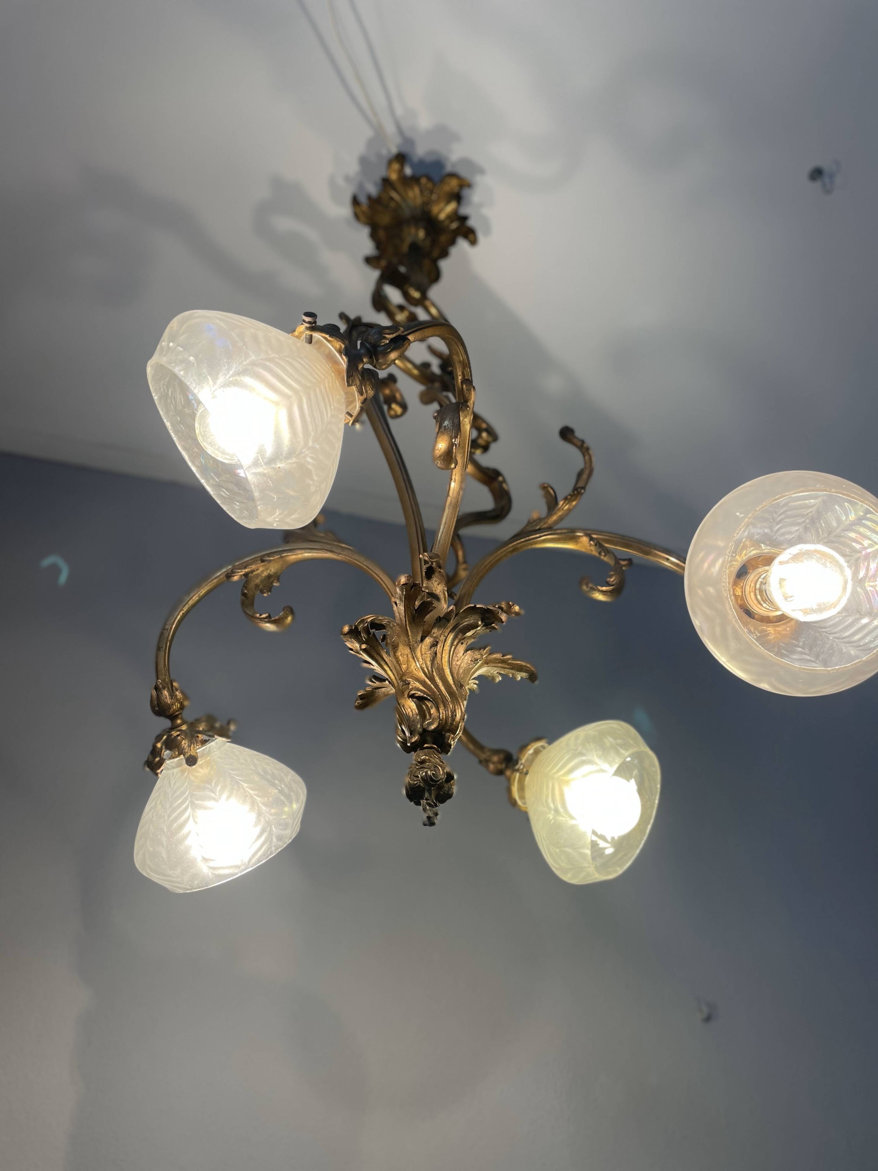 Jugendstil Golden Chandelier with Frosted Glass Shades