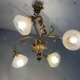 Jugendstil Golden Chandelier with Frosted Glass Shades
