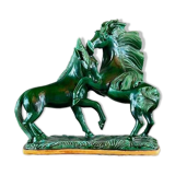Glazed Ceramic Sculpture, Two Horses, Signed R. Prunet, 20th Century