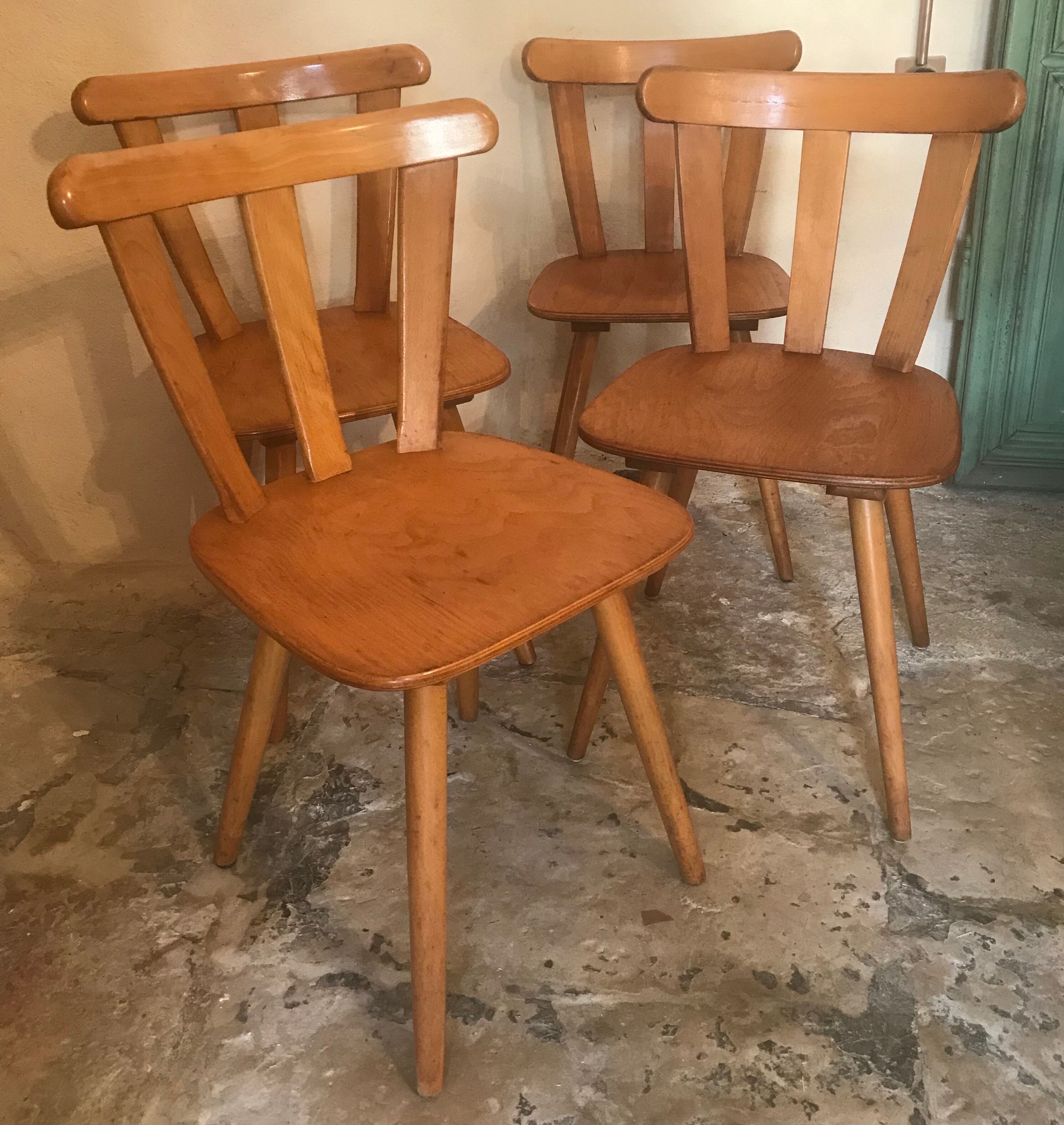 Set of 4 vintage bistro style chairs in beech circa 1960