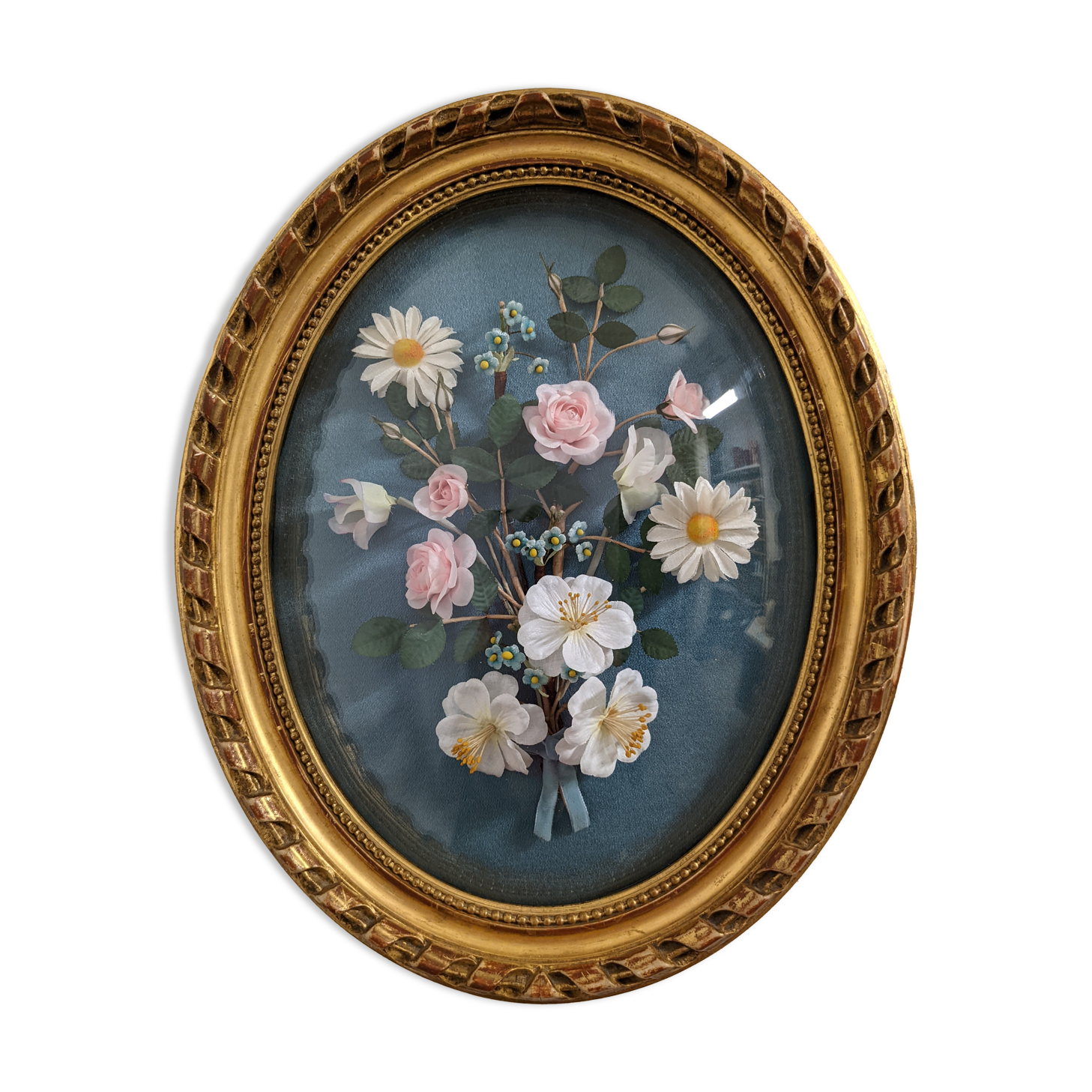 Cadre ovale en verre bombé et décor de fleurs