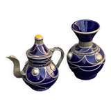 Vase and small teapot in cobalt blue enameled ceramic with artisanal and oriental pewter inserts