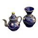 Vase and small teapot in cobalt blue enameled ceramic with artisanal and oriental pewter inserts