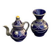 Vase and small teapot in cobalt blue enameled ceramic with artisanal and oriental pewter inserts
