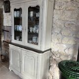 Charming vintage display cabinet in greige solid wood, castle charm.