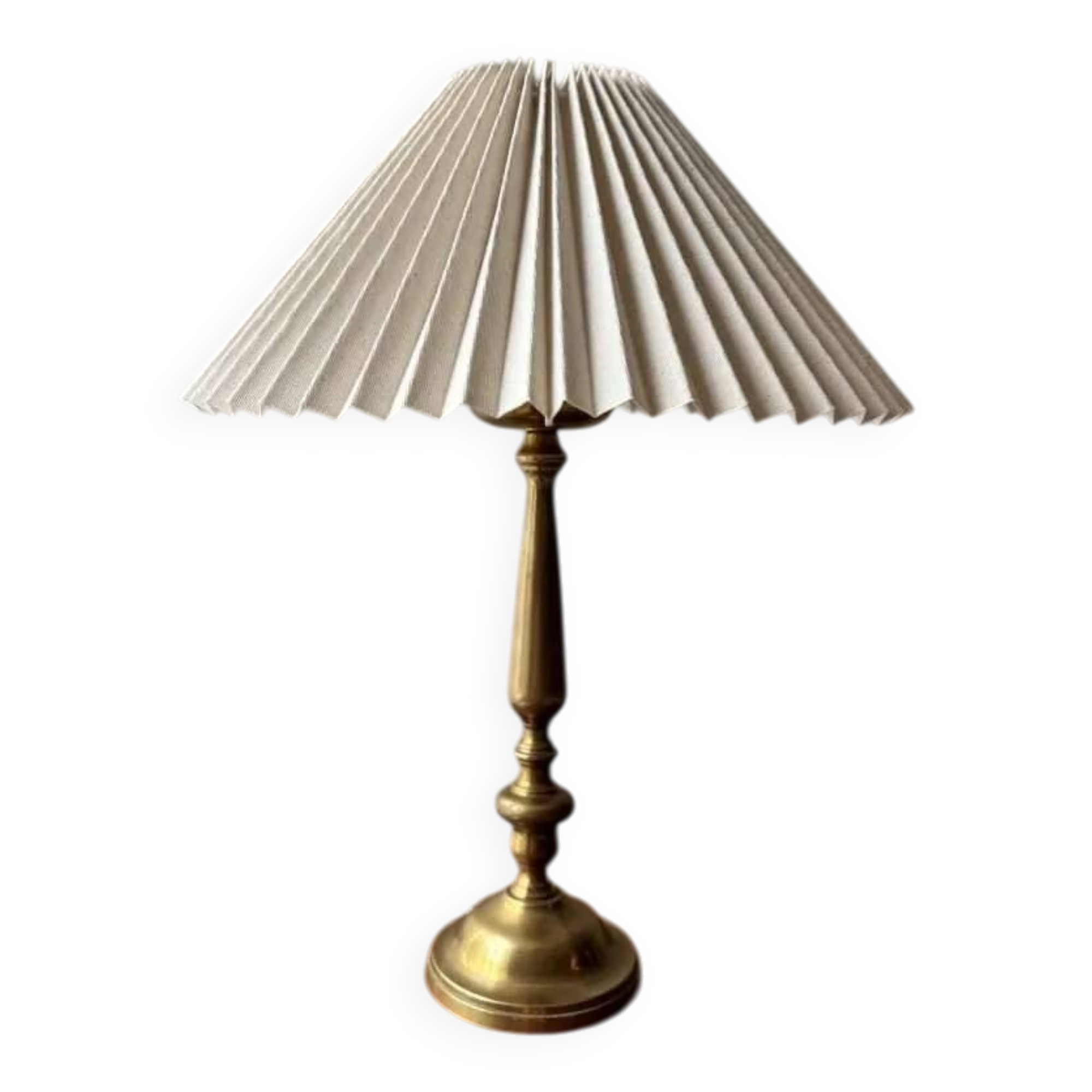 Brass table lamp with pleated shade, 1960s vintage design.