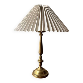 Brass table lamp with pleated shade, 1960s vintage design.