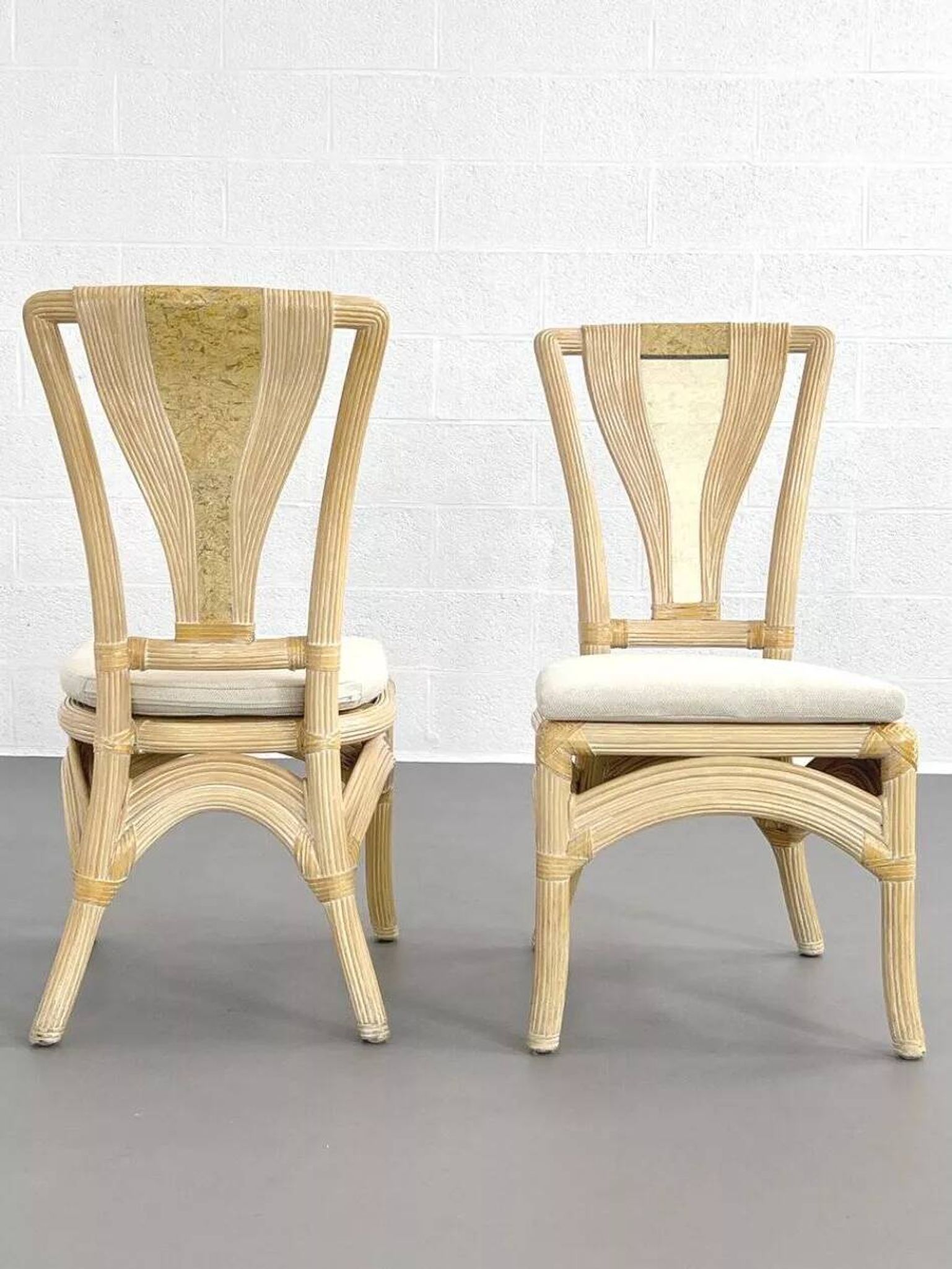 Square Rattan and Stone Marquetry Table with Matching Chairs, 1970