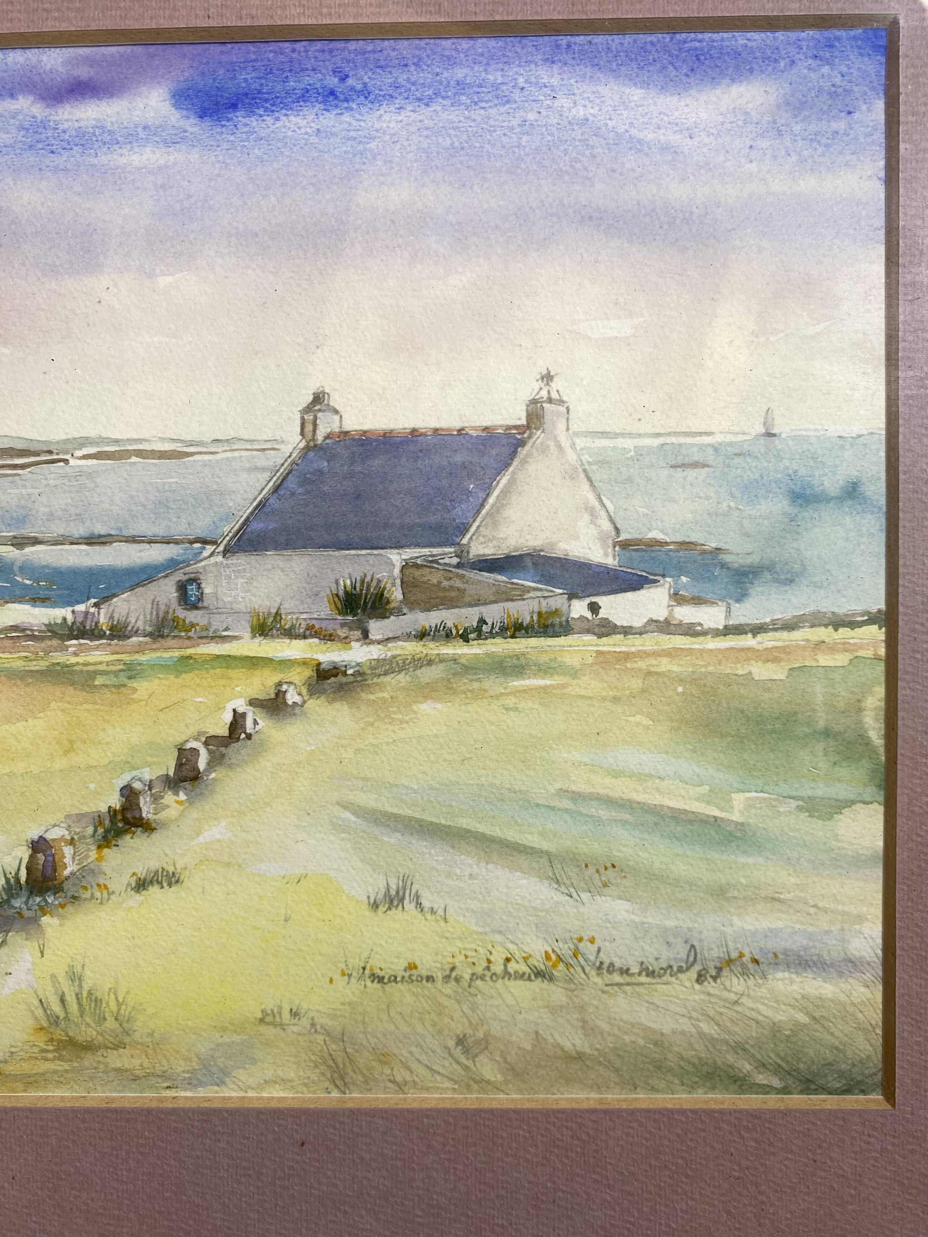 Aquarelle Sur Papier JEAN MOREL Vue Maison De Pêcheurs + Cadre Bois Blanc