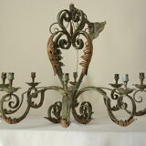 8-branch wrought iron chandelier with gray-green patina and antique gilding
