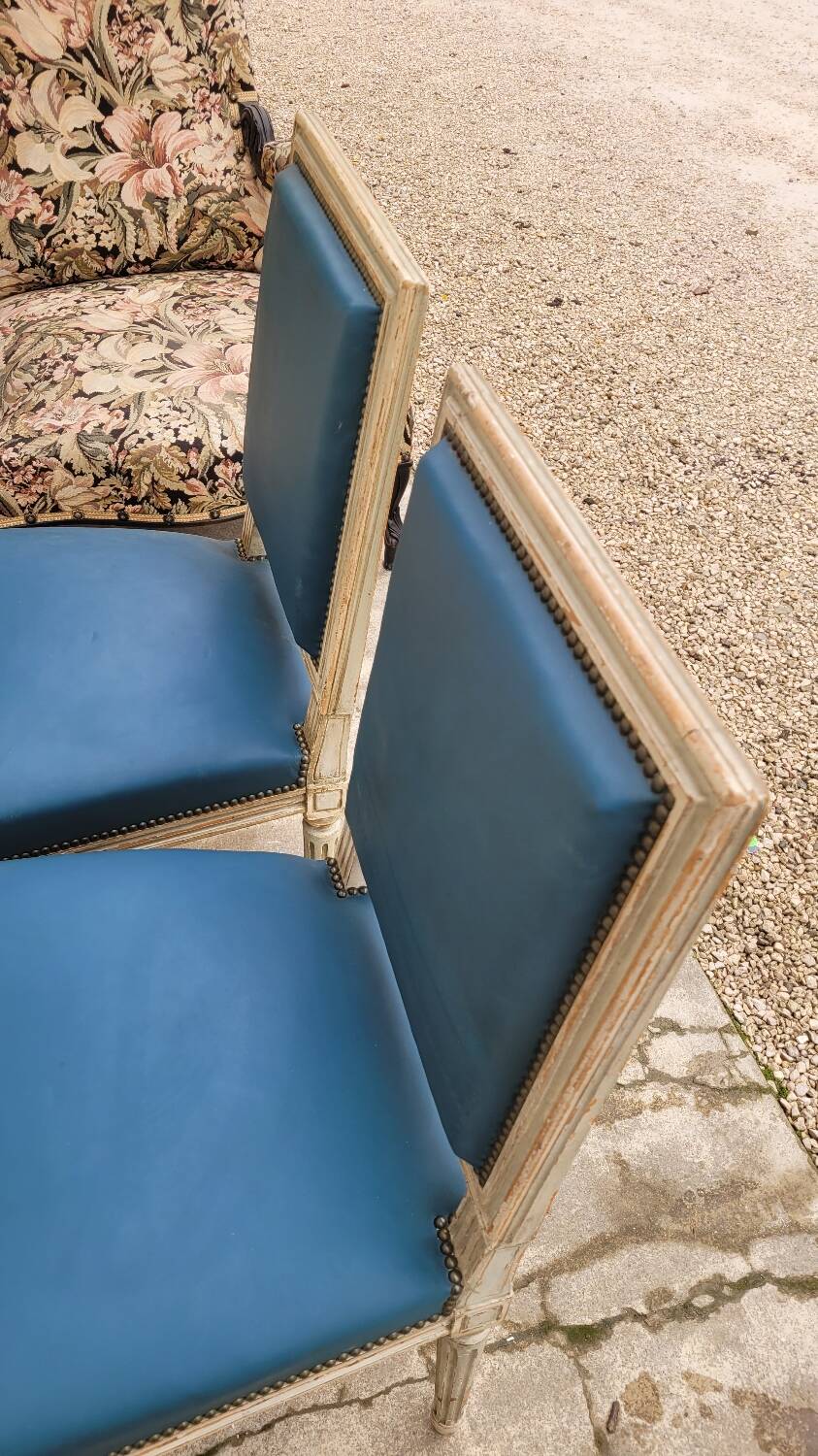 Pair of antique Louis XVI style chairs with patina