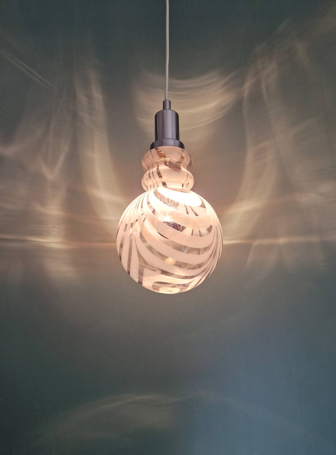 Smoked Murano glass pendant with white spirals, 1970s