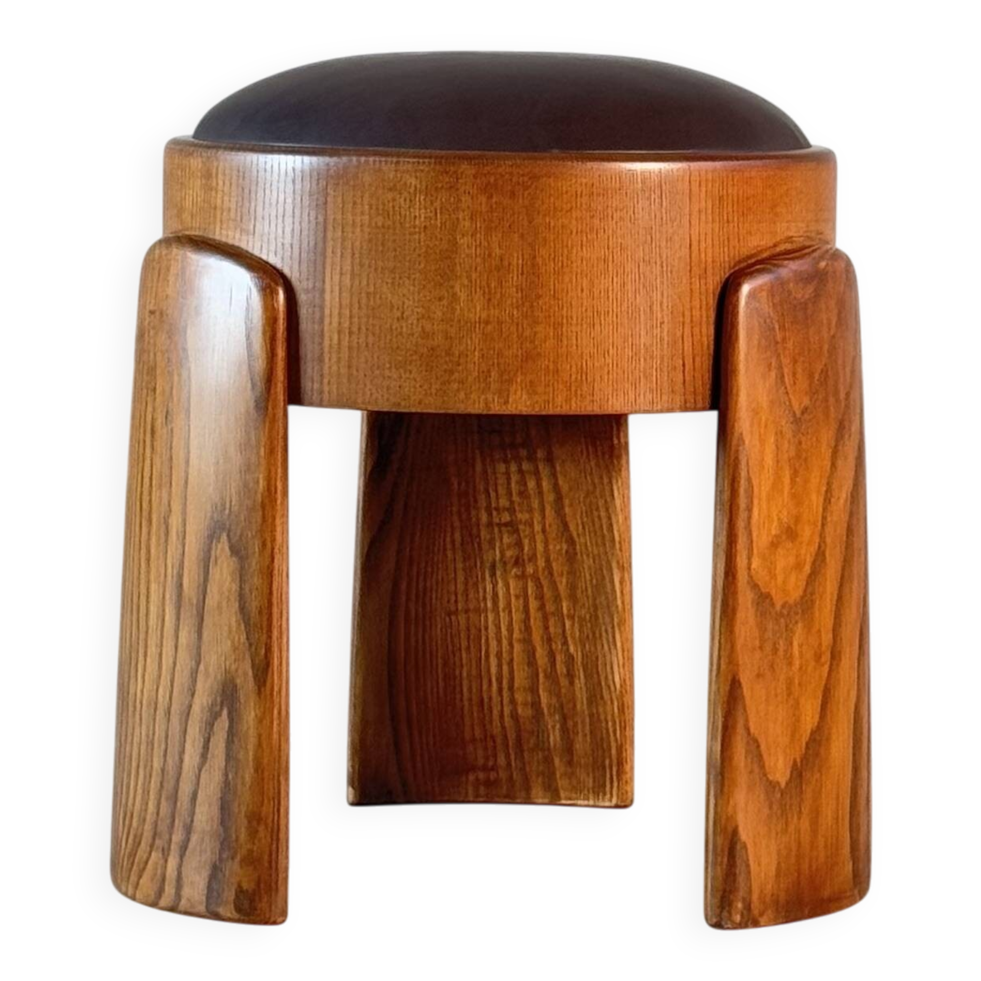 Sculptural Ash Wood Stool B.V. Waxed Dark Brown Leather by FORME, Italy
