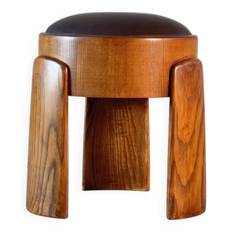 Sculptural Ash Wood Stool B.V. Waxed Dark Brown Leather by FORME, Italy