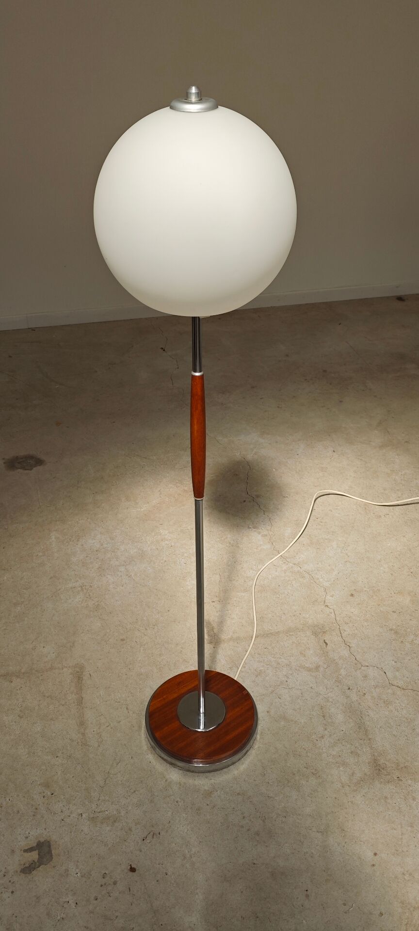 Modernist floor lamp in teak, chrome metal, opaline, Czechoslovakia 60s