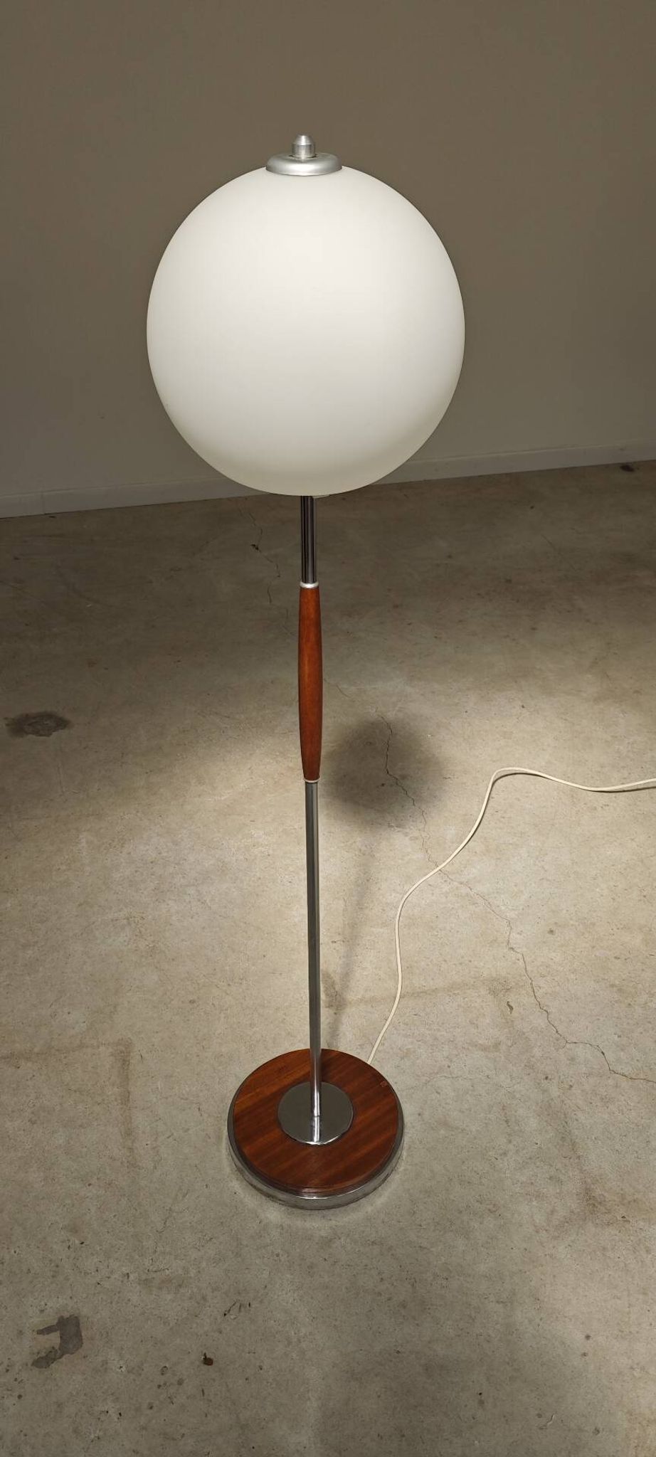 Modernist floor lamp in teak, chrome metal, opaline, Czechoslovakia 60s
