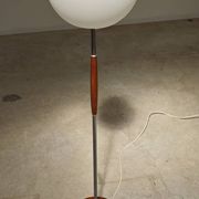 Modernist floor lamp in teak, chrome metal, opaline, Czechoslovakia 60s