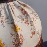 bedside lamp turned wood, lampshade dome ecru flowers and brown, rustic & romantic, 50s