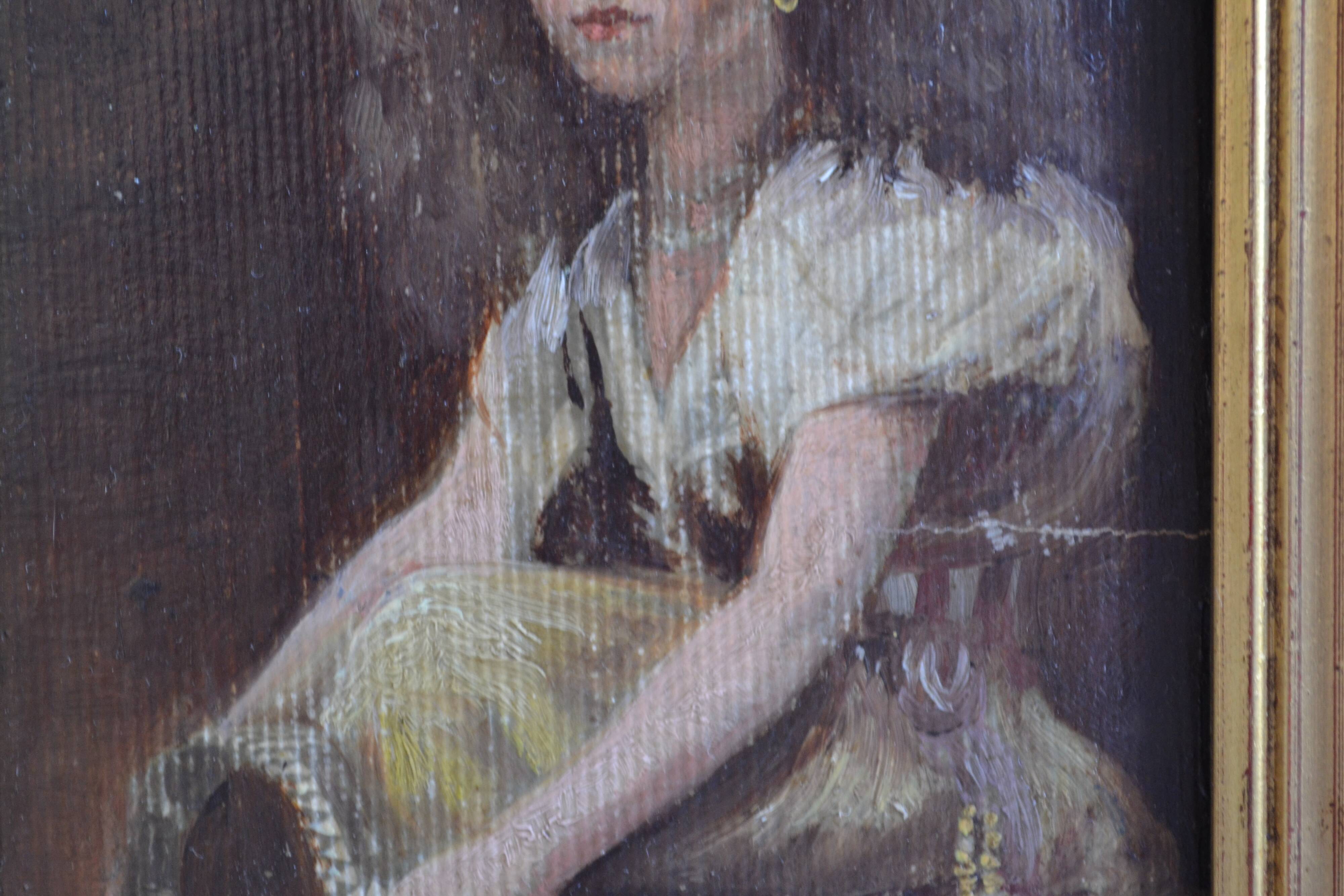 Young girl with tambourine Provence old painting HSP