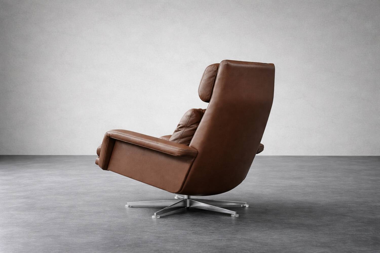 Vintage Mid-Century Danish Modern Brown Leather Swivel Chair and Ottoman