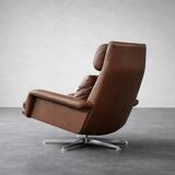 Vintage Mid-Century Danish Modern Brown Leather Swivel Chair and Ottoman