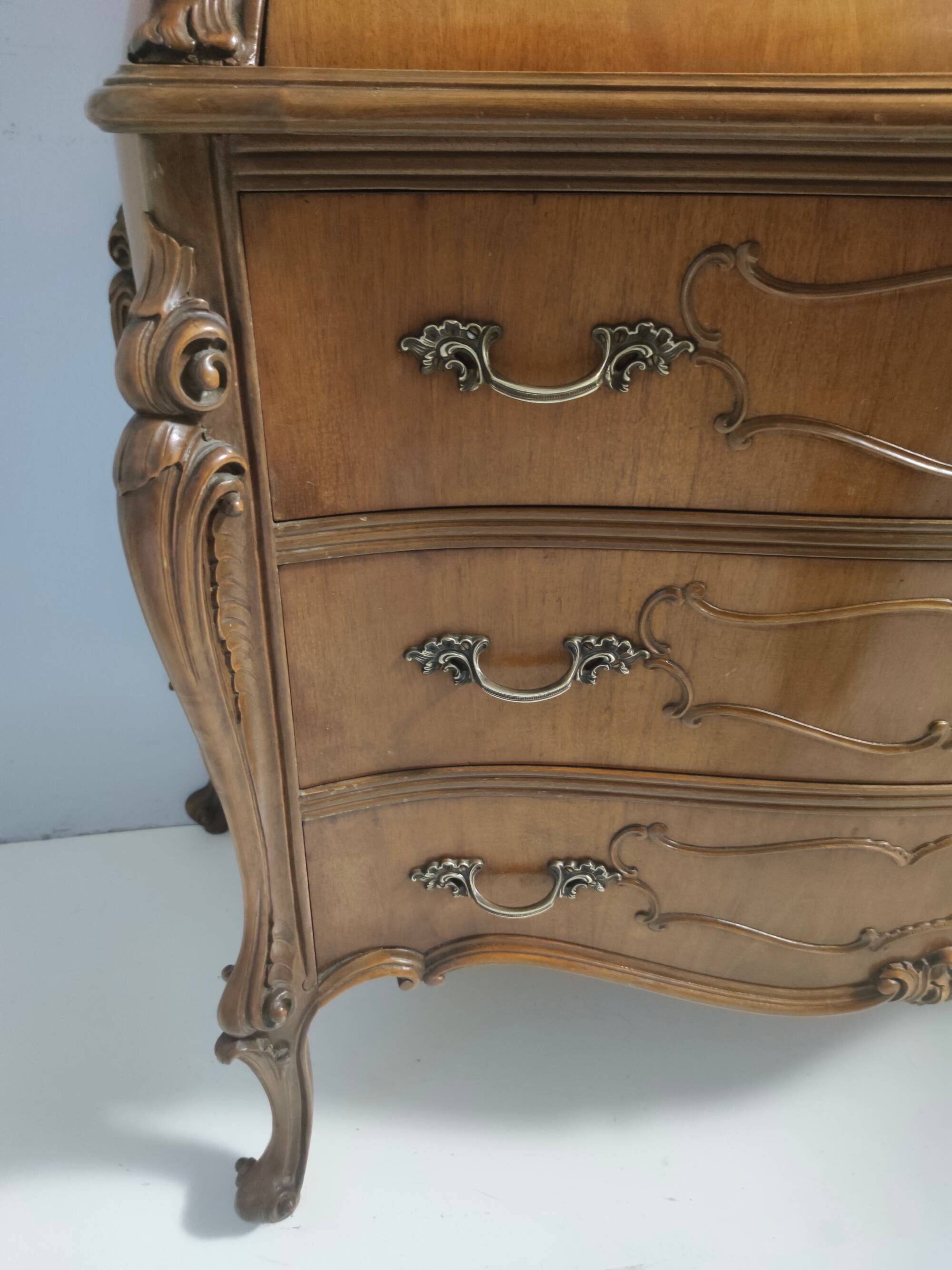 Vintage Baroque Solid Walnut Dresser with Inlaid Designs, Italy