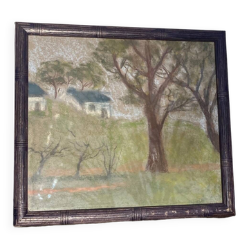 Pastel landscape in wooden frame