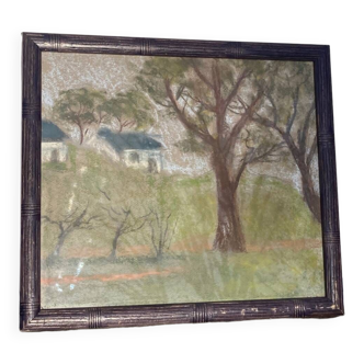 Pastel landscape in wooden frame