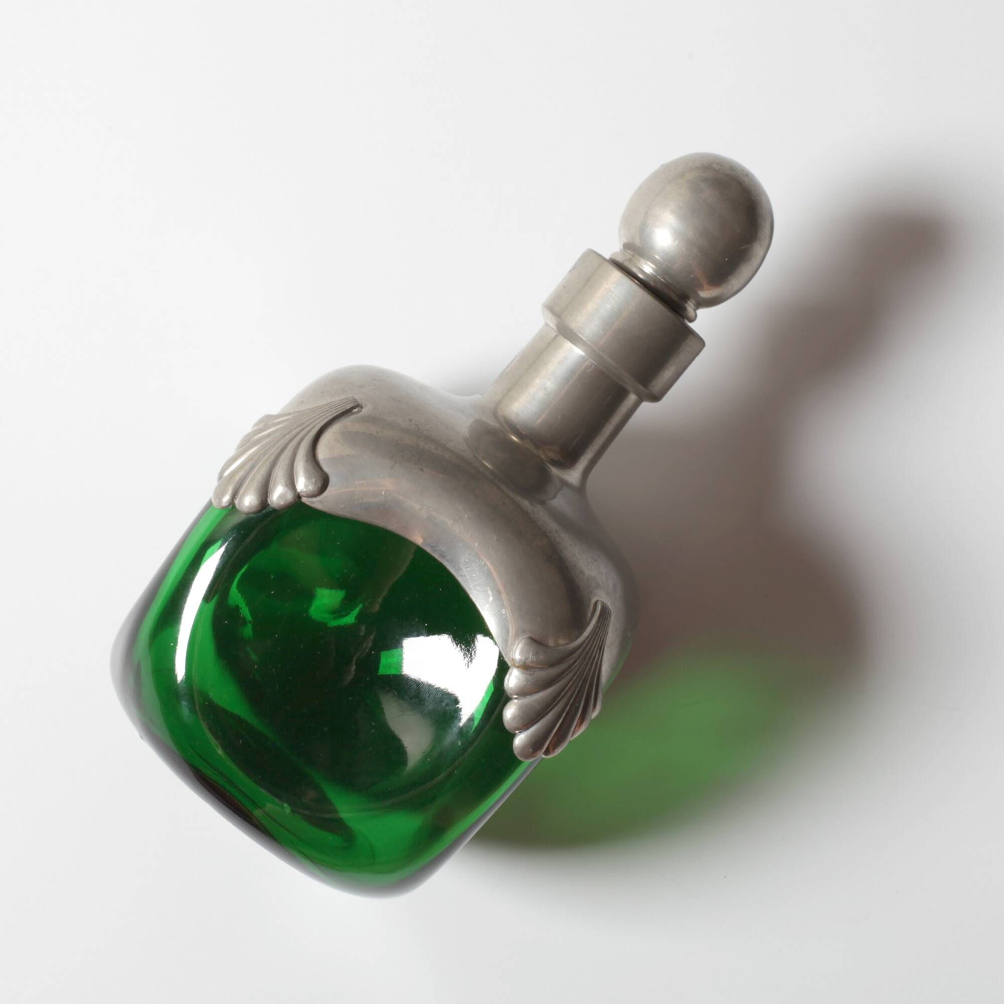 Art Nouveau Green Glass Decanter with Pewter Elements / France / 1960s