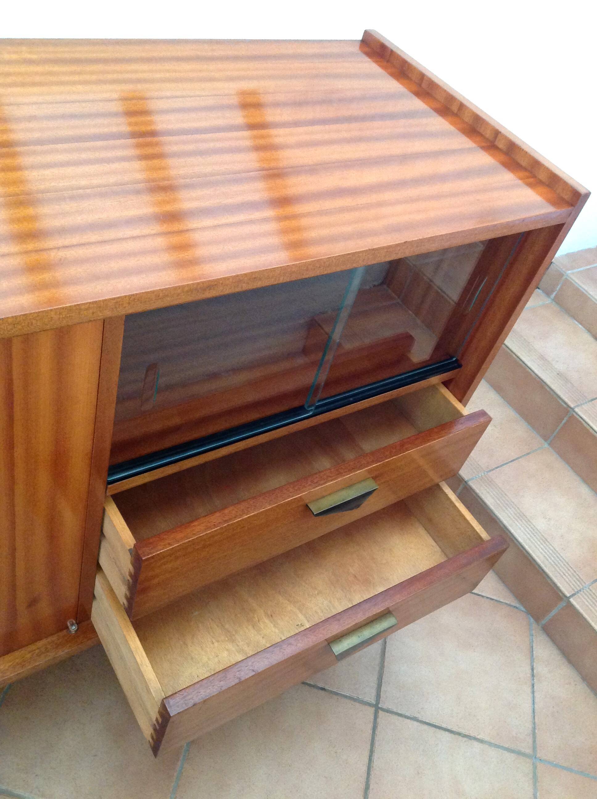 Varnished wooden sideboard with glass storage / vintage 60s-70s