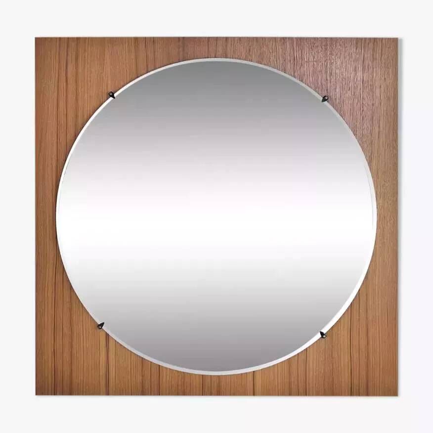 Round mirror from the 60s - 70s on a square wooden frame