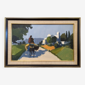 Mid-Century Modern "Rider on the Road" Swedish Vintage Street Scene Oil Painting, Framed