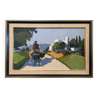 Peinture à l’huile suédoise de scène de rue « Rider on the Road » milieu XXème, encadrée
