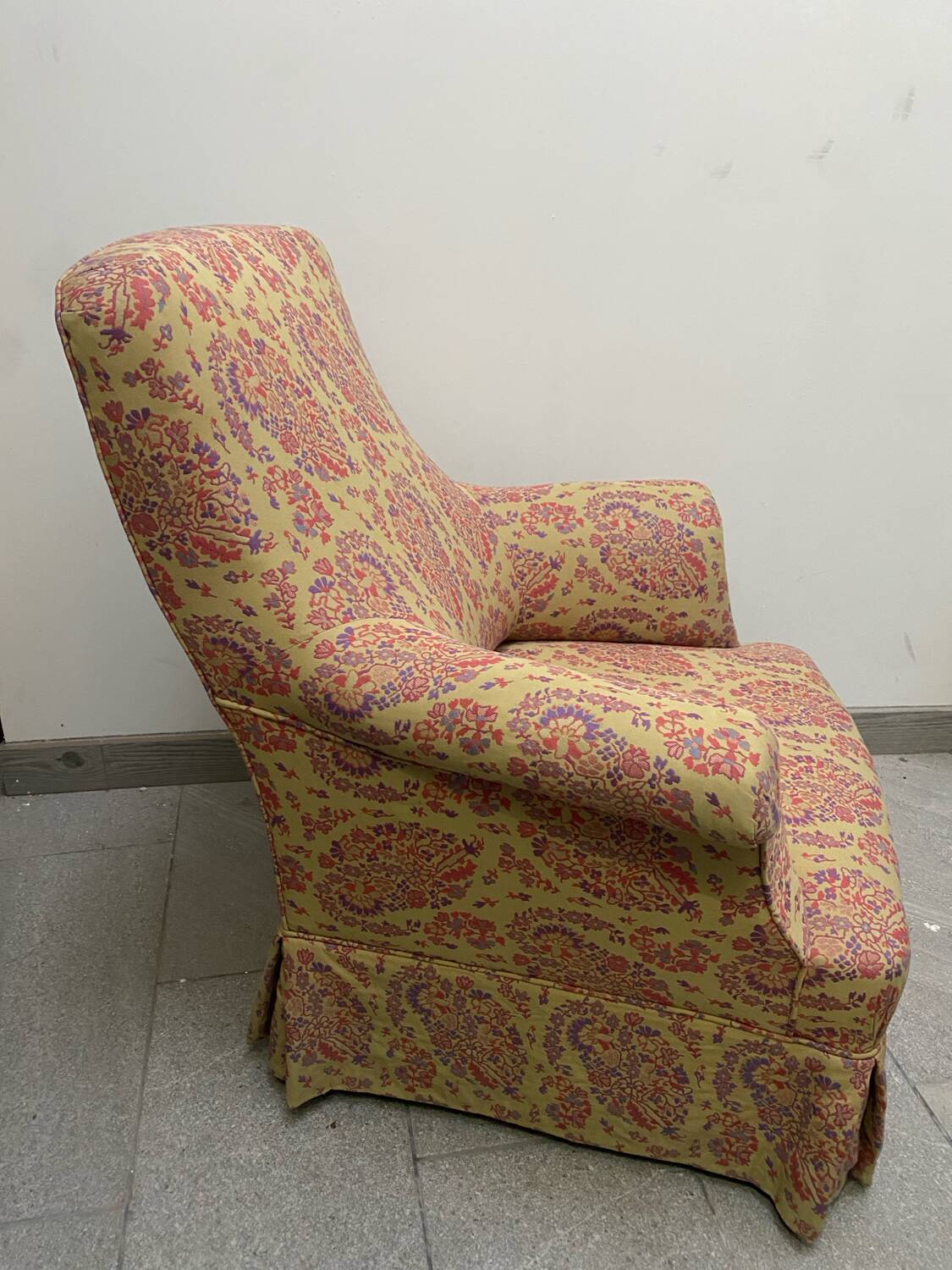 Antique English armchair with Liberty floral tapestry
