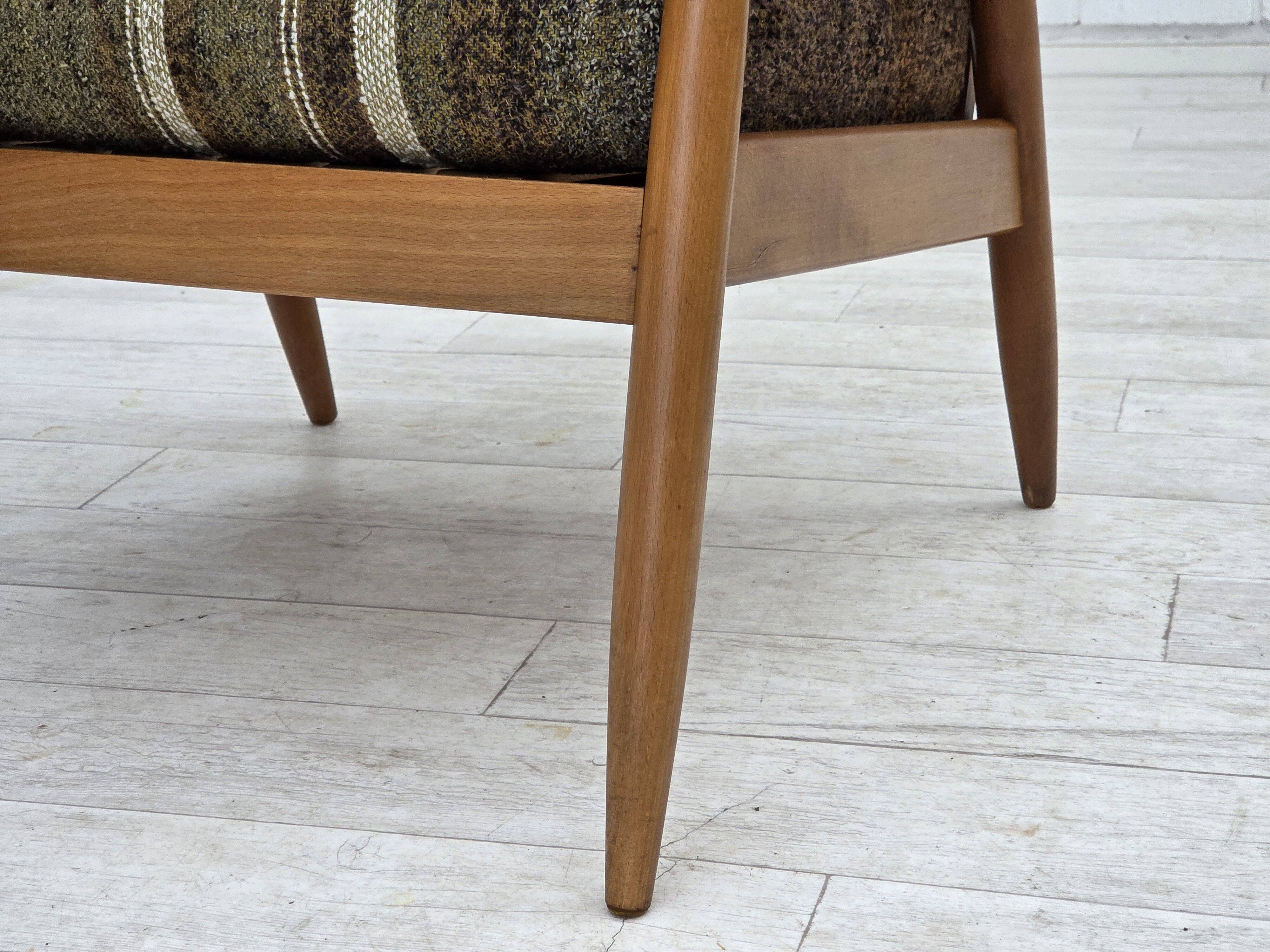 1970s, Danish armchair, beech wood, furniture wool fabric.