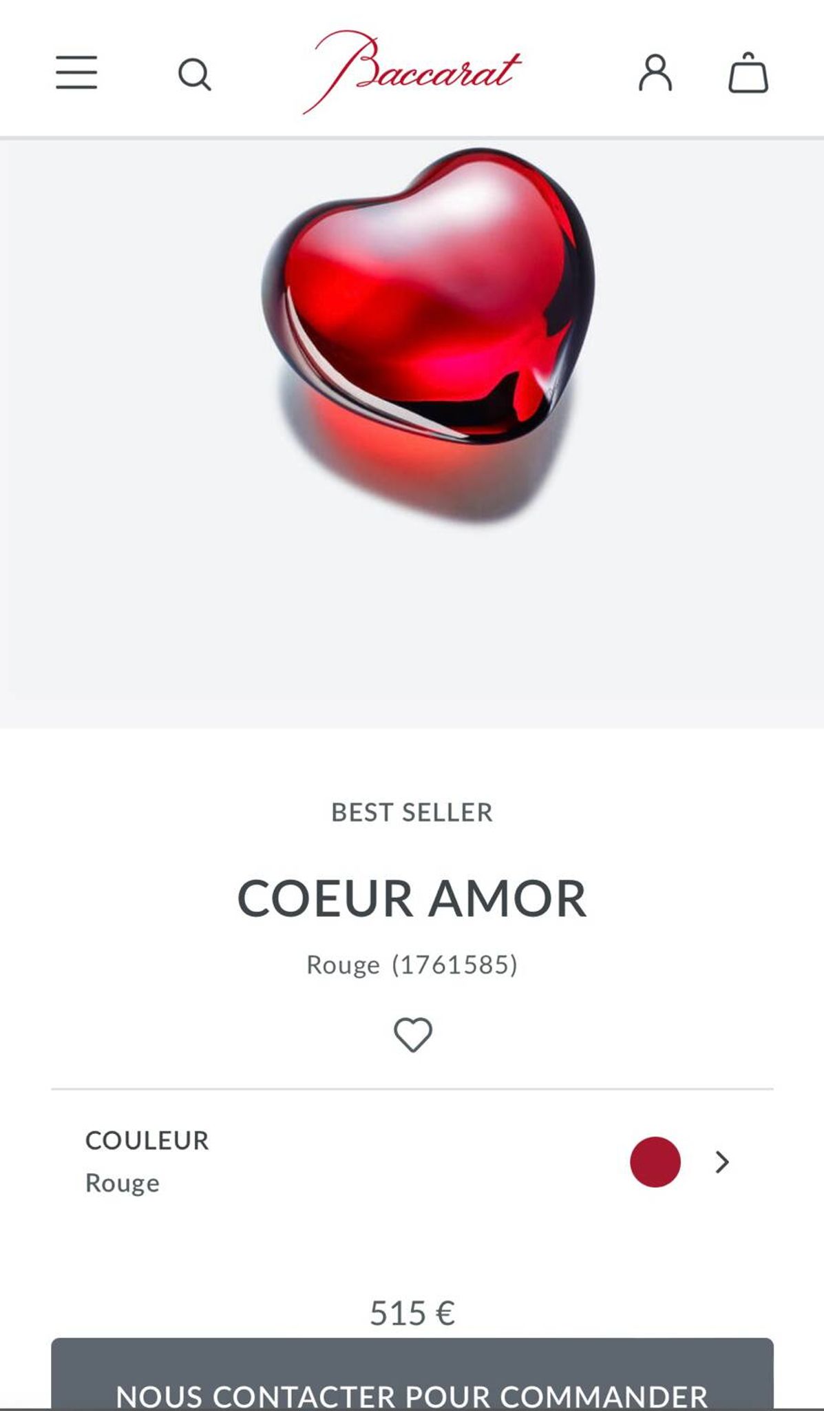 Baccarat red heart “amor” in crystal, stamped paperweight