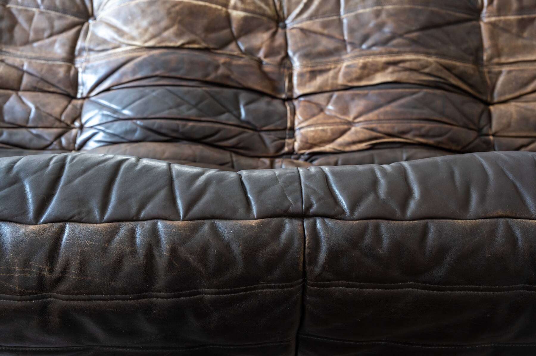 Togo sofa Ligne Roset 3-seater – Vintage brown leather from the 70s