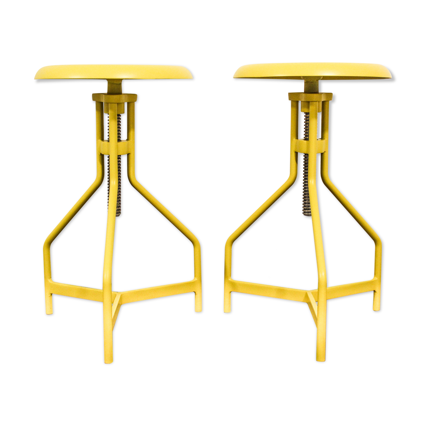 Pair of yellow lacquered metal stools, Restaurati, Italy 70's