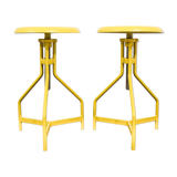 Pair of yellow lacquered metal stools, Restaurati, Italy 70's