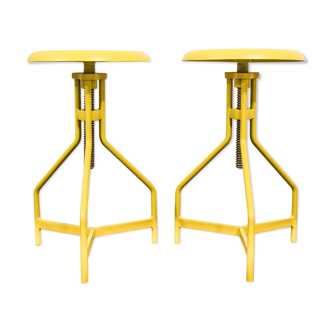 Pair of yellow lacquered metal stools, Restaurati, Italy 70's