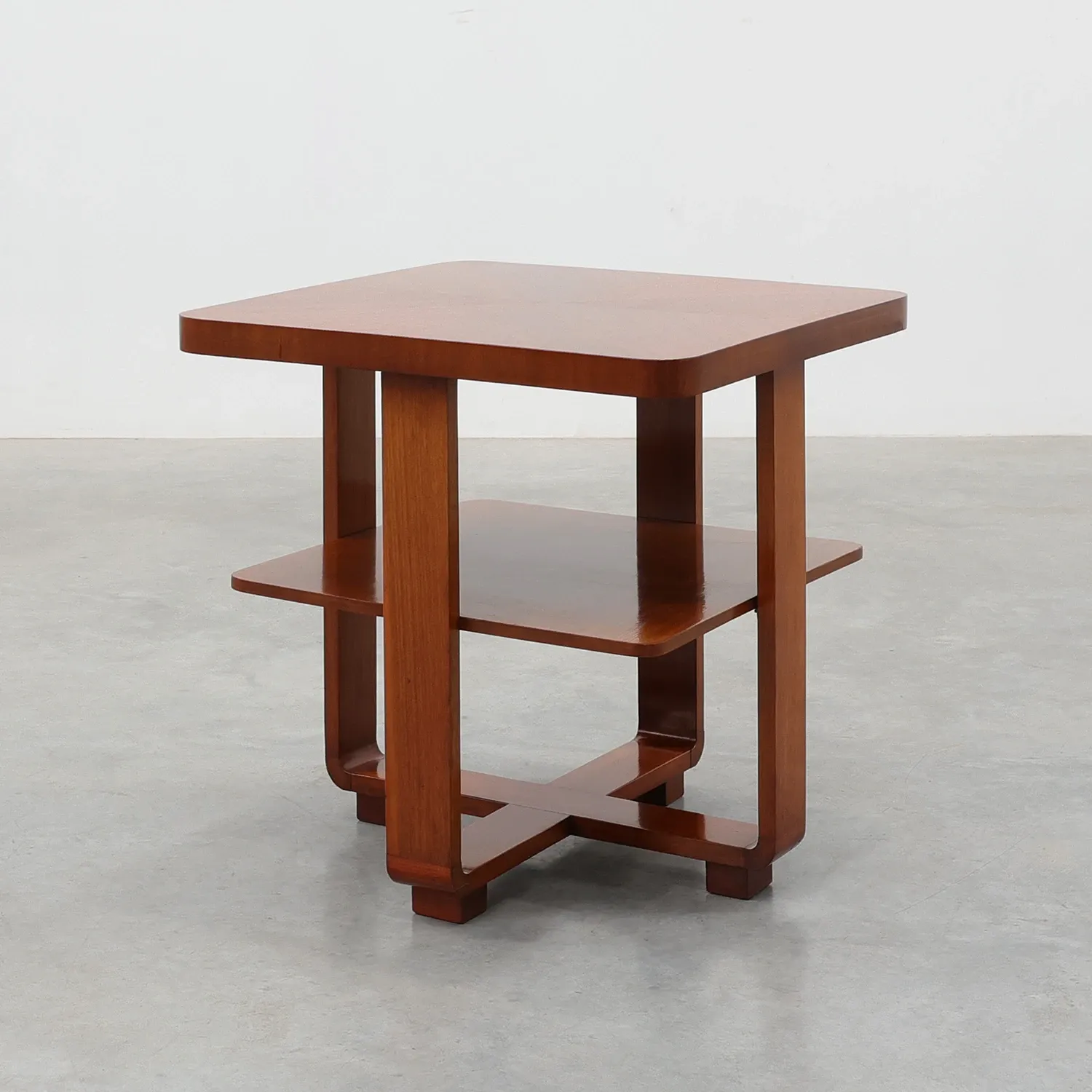 Art Deco Walnut Veneer Side Table with Shelf, Belgium, 1920s
