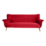 Canapé trois places en velours allemand, années 1960, bordeaux, restauré