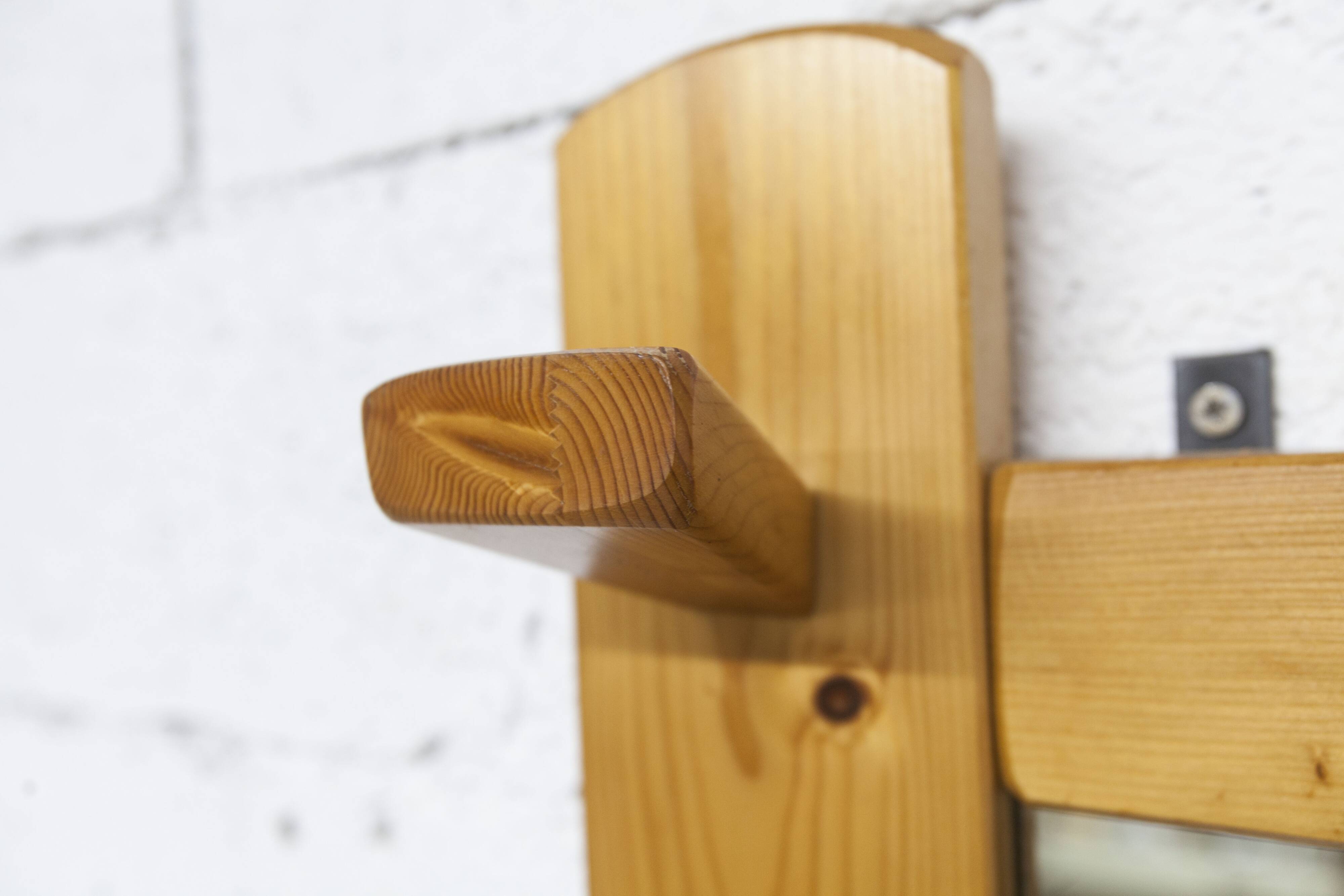 Wall-mounted coat rack, mountain style, pine, honey colour, 1970.