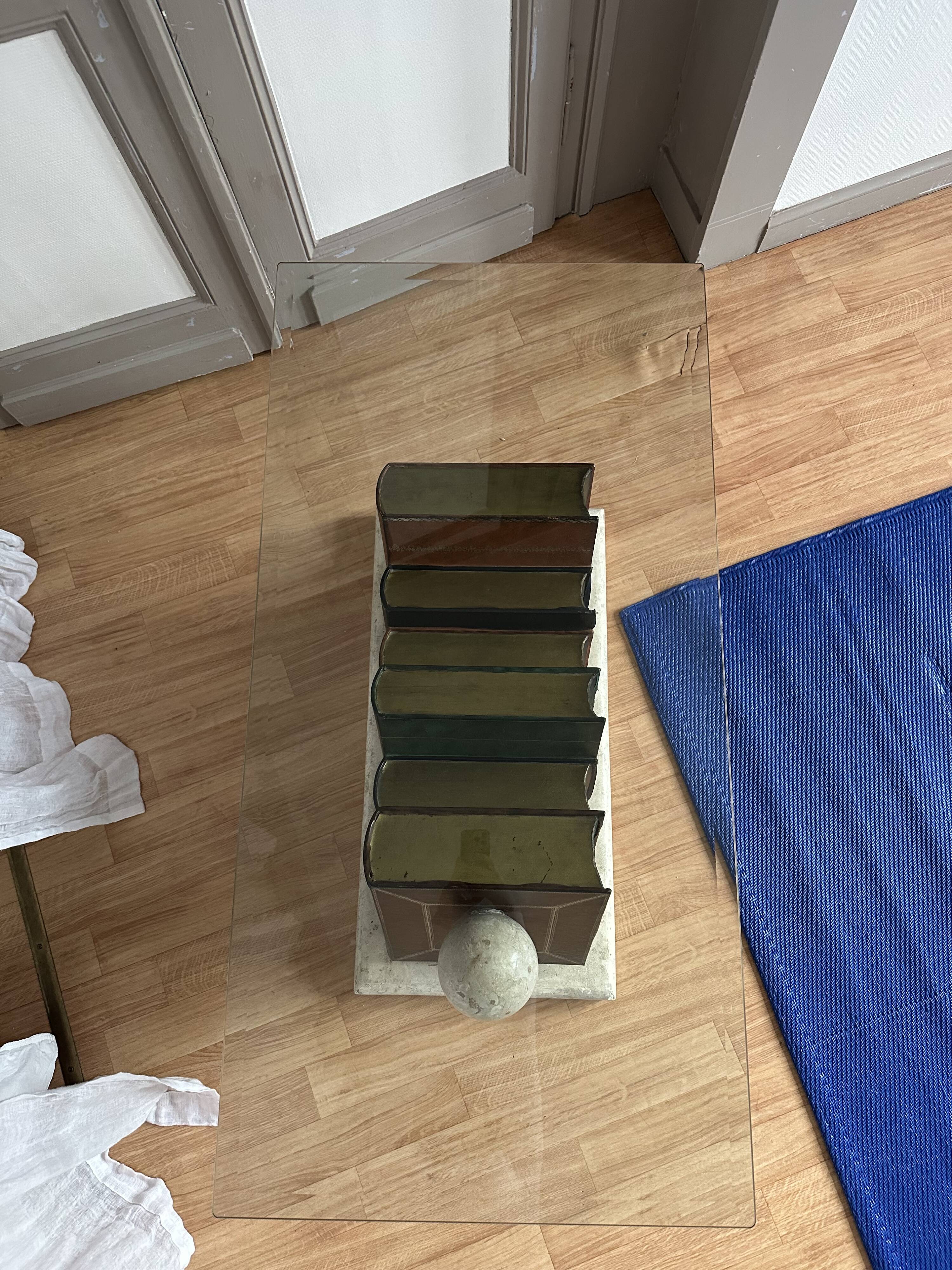 Vintage glass coffee table with trompe-l'oeil book base