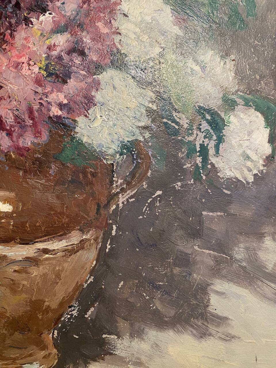 Antique painting, still life with lilacs and peonies signed Van der Berg circa 1950