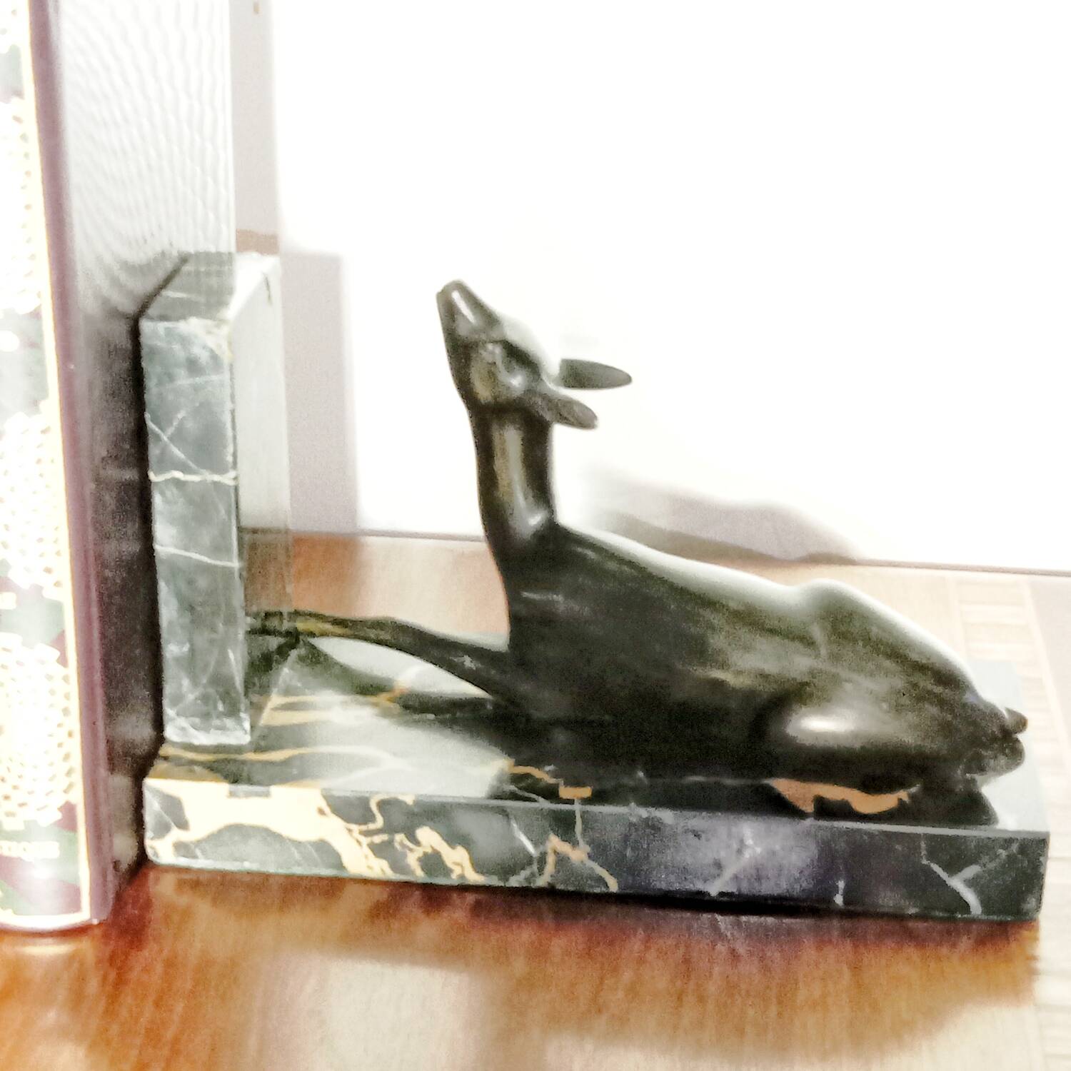 Art Deco Bookends of Doe Lying on Portor Marble