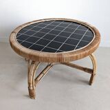 Round Black Tiled Rattan Coffee table 1960s