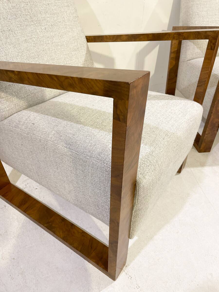 Pair of Art Deco Armchairs ,Fabric and Walnut, New Upholstery