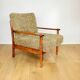 Wooden vintage brown armchair, olive green, long pile on removable cushions